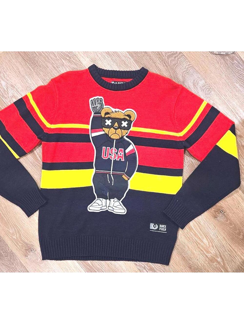 Black Pike Luxury Men's Crew Neck Sweater with USA Bear Size S